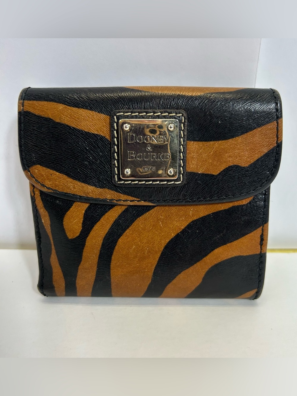 Dooney & Bourke Black Brown Tiger Print Leather Bifold Wallet